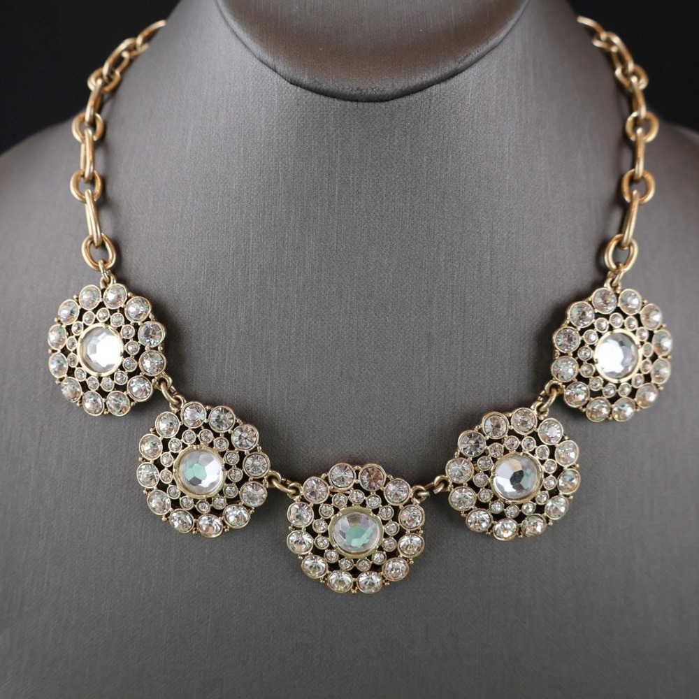 J. Crew Crystal Medallion Pale Gold Tone Statement Necklace 18" Adjustable